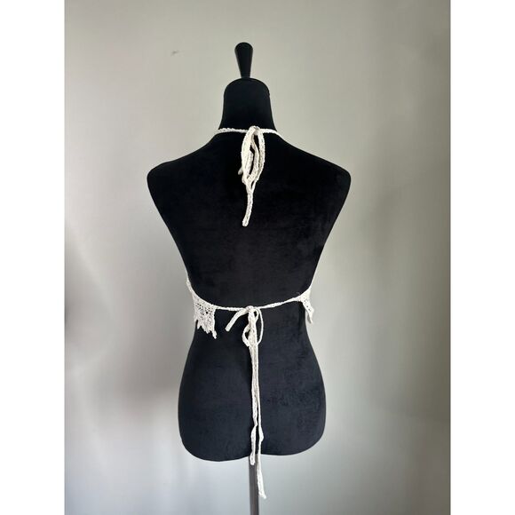 Women's Cream Halter Neck Tie Backless Crochet Cropped Top Size S - Picture 2 of 5